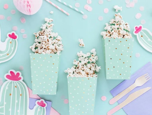 Mintové krabičky na popcorn so zlatobielymi bodkami x6