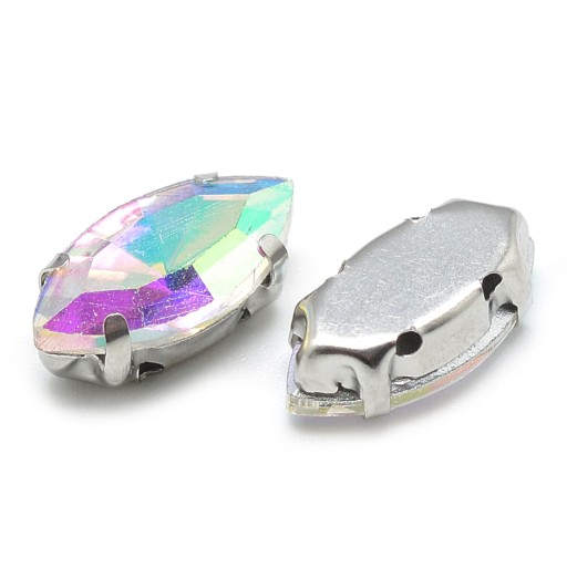 Štrasové kamienky na šitie v košíku, sklo a mosadz, konské oko 15x7mm, 10ks