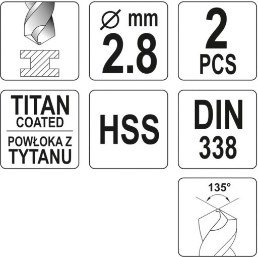 HSS-TiN VRTAČKA DO KOVU 2,8 MM - 2 KS YT-44634