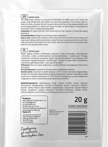 APIS COFFEE SHOT Biorevitalizačná maska na riasy s kyselinou kávovou 20g