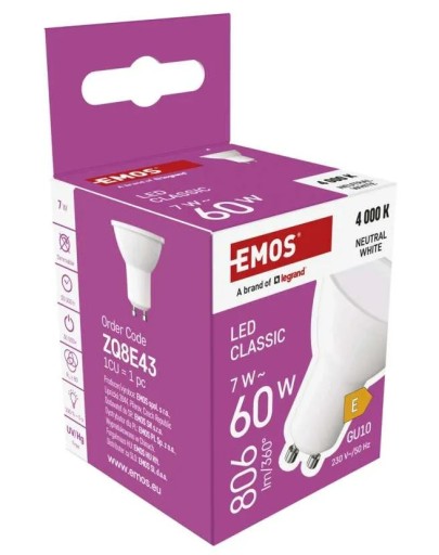 EMOS ZQ8E43 LED ŽIAROVKA CLS MR16 7W (60W) 806 lm GU10 4000K