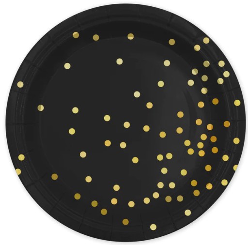 Veľké ČIERNE papierové taniere s narodeninovým grilom GOLD DOTS 23cm 6 ks