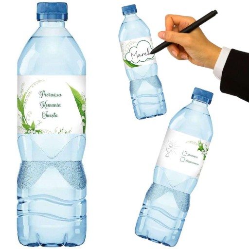ŠTÍTKY na fľašu vody SVÄTÉ PRIJÍMANIE samolepky konvalinky vlastné meno x3