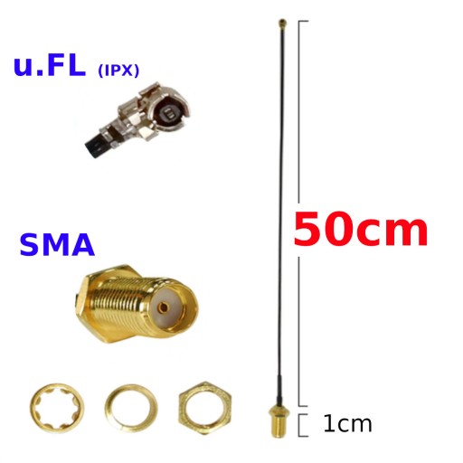 Pigtail uFL IPEX IPX - SMA zásuvka 1,13mm 50cm