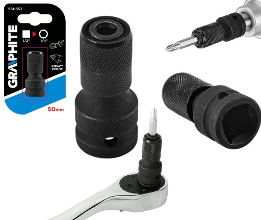 GRAFITOVÝ NÁRAZOVÝ ADAPTÉR štvorcový 1/2 až 1/4 HEX ADAPTÉR pre bity 56H557