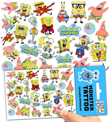 UMÝVAJÚCE DOČASNÉ TETOVANIE PRE DETSKÉ DETSKÉ SPONGEBOB ORIGINÁLNE VZORY