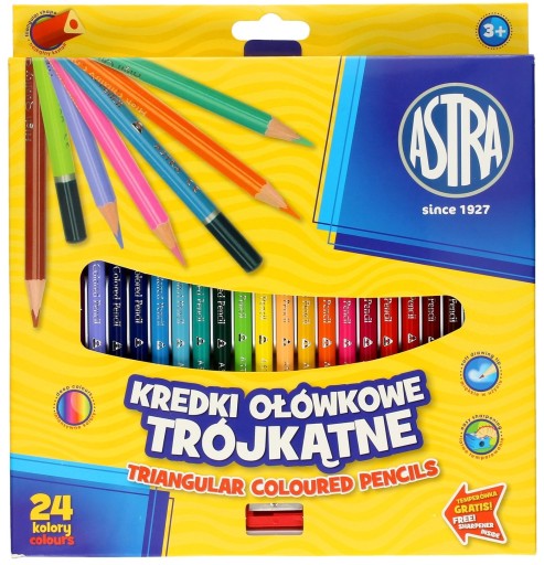 Ceruzkové pastelky trojhranné, 24 kusov, mix farieb + strúhadlo, ASTRA SET