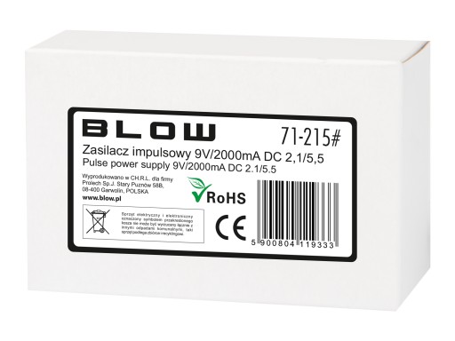 SPÍNANÝ NAPÁJACÍ ZDROJ BLOW 9V 2A 2.1 / 5.5 DC 2000mAh