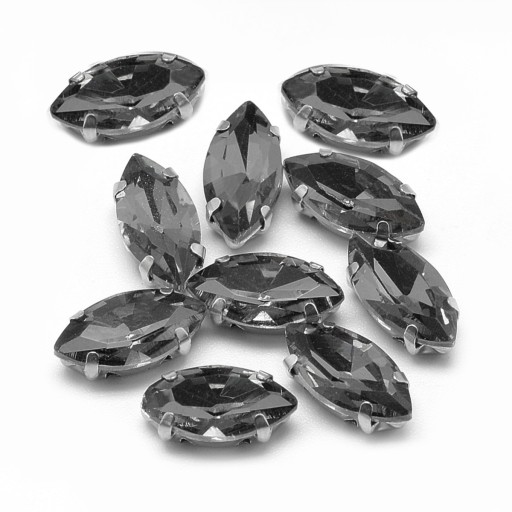 kamienky na šitie, sklo, mosadz, konské oko šedé 10x5x4mm, 10ks