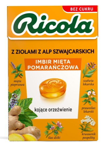 Ricola bylinkové cukríky zázvor mäta pomaranč na hrdlo a kašeľ 27,5g