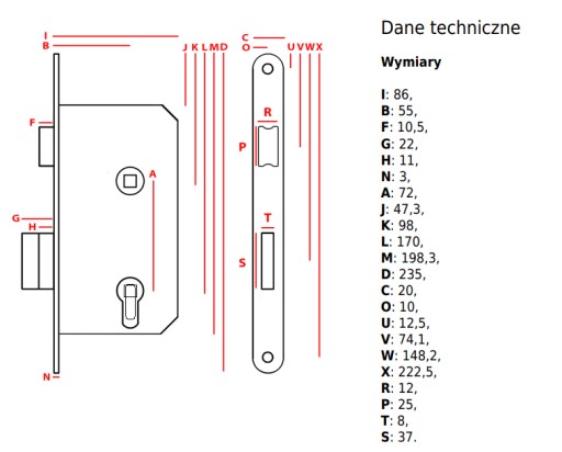 Zadlabávací zámok JANIA s cylindrom 72/55, pravý - predný 235mm