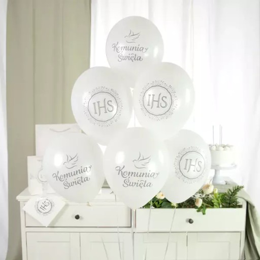 Balóny na sväté prijímanie IHS bielo strieborná potlač 30cm 6 kusov