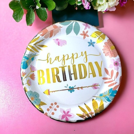 Happy Birthday papierové taniere 23cm BOHO FLOWERS zlatý nápis Birthday