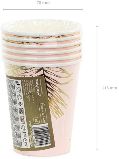 Ružové papierové poháre so zlatými lístkami na narodeniny sliepky, 220 ml, 6 ks