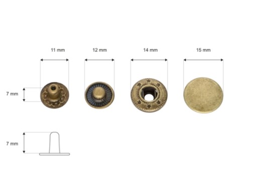 Stláčacie gombíky ALFA, kovové patentky, 15 mm S. Gold, 10 sád