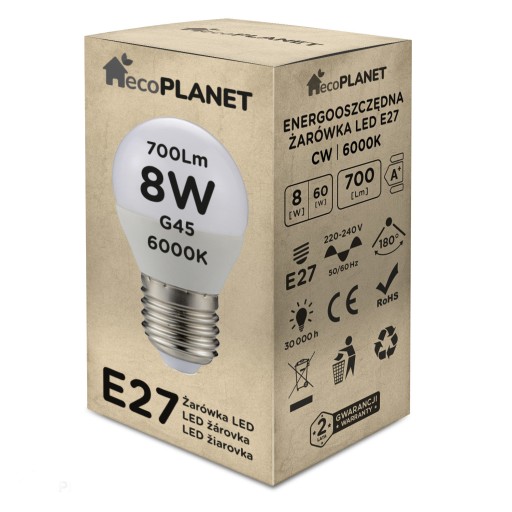 LED žiarovka E27 8W G45 Ball Cold Color 700LM