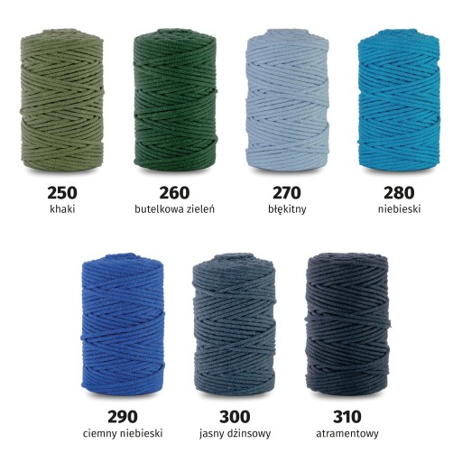 Bavlnená pletená šnúrka 5mm, 100m, MACRAME - 43 RÔZNYCH FARIEB