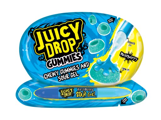 ŠŤAVNÉ KVAPKY GUMMIES OVOCNÉ ŽELÉ S KYSELNÝM GÉLOM V RUŽOVOM BAZOKOVOM CUKROVINE 57G