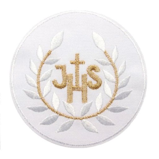 Hostiteľ IHS, biela výšivka, 1 kus, znak, COMMUNION, nášivka alba, 4