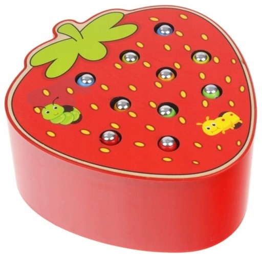DREVENÁ HRA CHYŤTE ČERVIKU MAGNET JAHODOVÝ TYČ