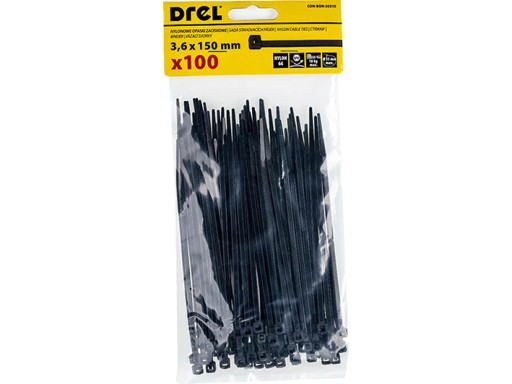 KABELOVÉ VIAZAČKY 3,6X150MM NYLONOVÉ ČIERNA UV DREL VIAZAČKY 100ks