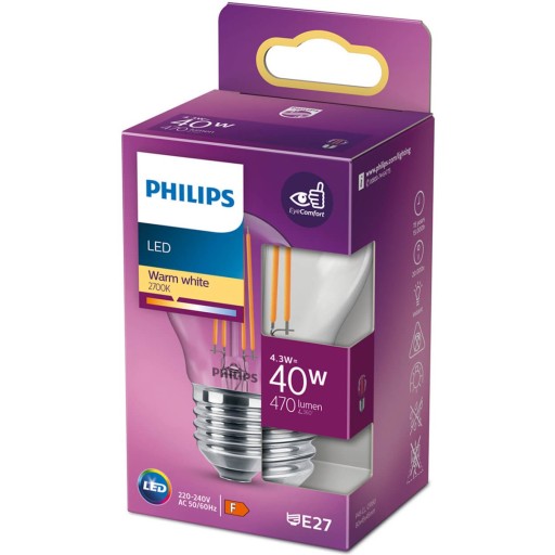 E27 LED žiarovka 4,3W = 40W Teplé vlákno PHILIPS