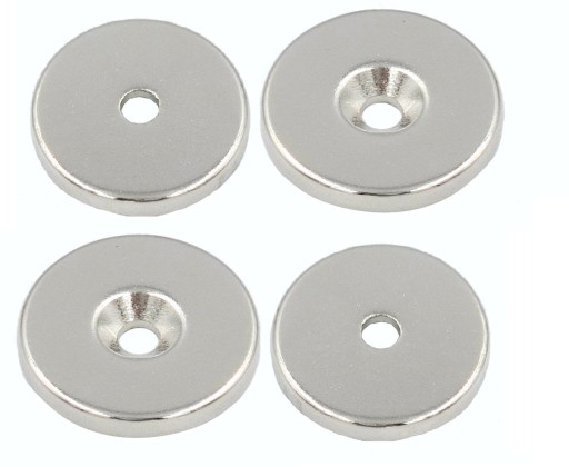 SILNÝ NEODYMIOVÝ MAGNET 20x3 mm S OTVOROM 7/3,5 mm NA SÚPRAVU 4 Skrutiek