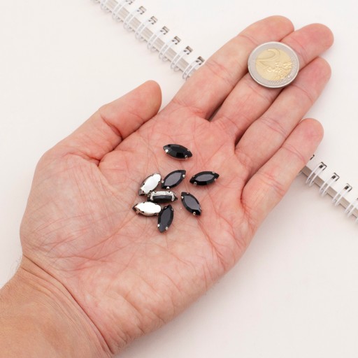 Štrasové kamienky na šitie v košíku, sklo a mosadz, konské oko 15x7mm, 10ks