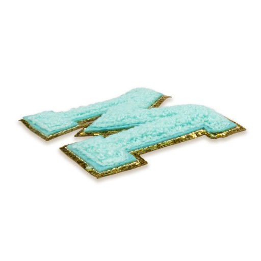 PATCH LETTER M, azúrová, trblietka, modré písmo