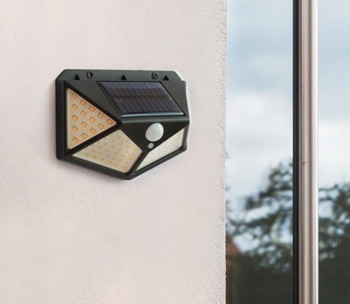 Solárne nástenné svietidlo, pohybový senzor súmraku, 100LED, fasáda