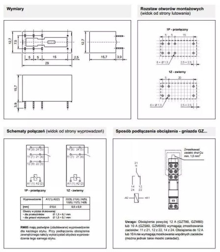 Relé RM85 SPDT, 12V, 16A, RM85-2011-35-1012, Relpol, RM85P12