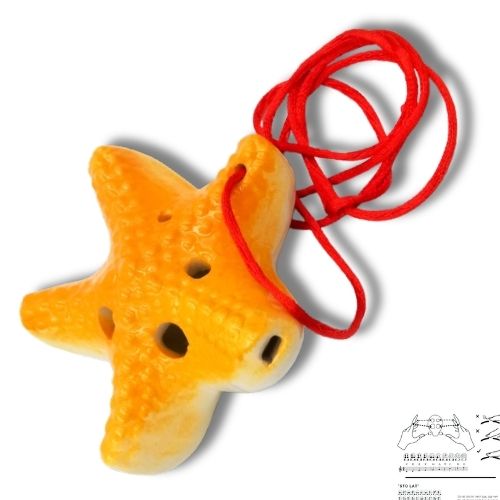 mini OCARINA keramická hviezda, oranžová, 6 dier, noty