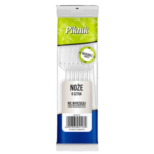 Piknikové opakovane použiteľné nože, priehľadné, 6 ks