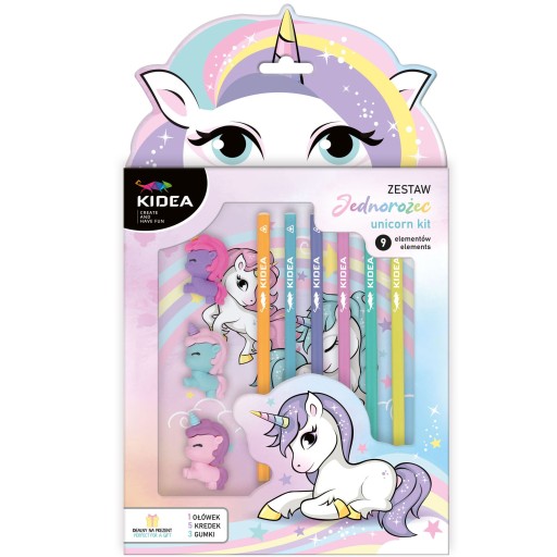 KIDEA darčeková sada školská ceruzka, pastelky a gumy Unicorn