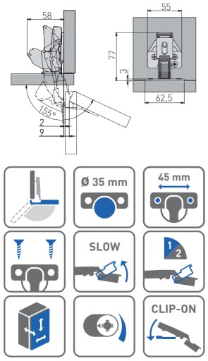 Hydraulický pánt PRESTIGE 155° tiché zatváranie GTV
