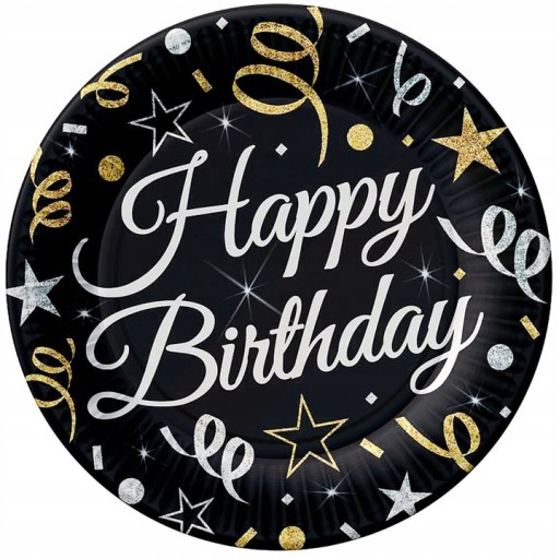 HAPPY BIRTHDAY papierové taniere čierne zlato narodeniny PARTY 6 ks 18 cm