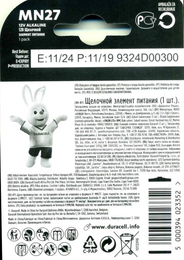 Duracell batéria 12V MN27 A27 8LR732 V27A 27A 1ks x4
