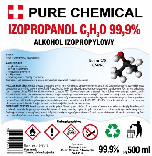 ISOPROPANOL IPA 99,9% 0,5l NA ODMAŠŤOVACÍ SPREJ ČISTÝ CHEM.