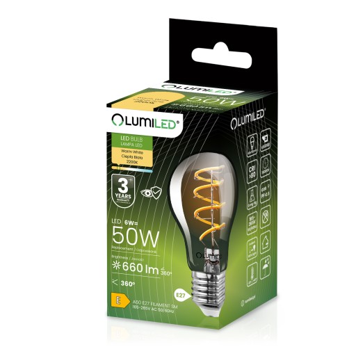 LED žiarovka A60 E27 6W 2200K DYMOVÁ FILAMENT DEKORATÍVNA RETRO ŠPIRÁLA