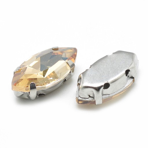Kamienky na šitie, v košíku, sklo a mosadz, žlté, 10x5x4mm, 10ks
