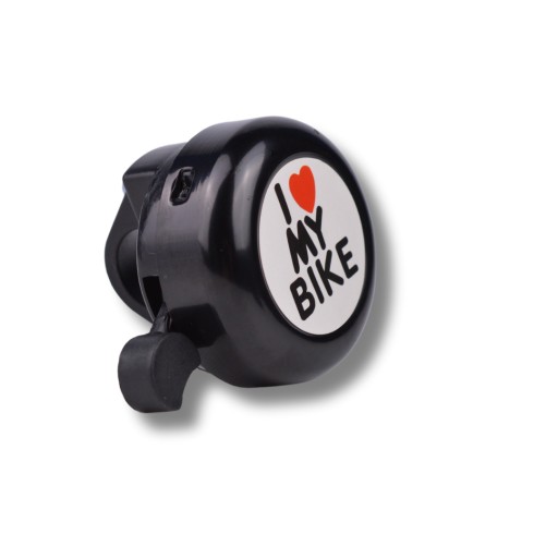 Mechanický zvonček na bicykel, hliník, PVC, 54mm, I LOVE MY BIKE, čierny