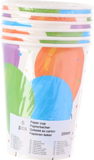 Narodeninové poháre, papierové poháre pre deti, PARTY CASA balóny, 266ml x6