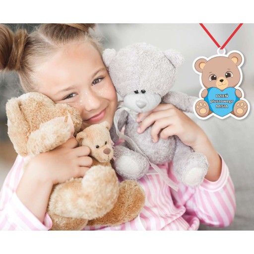 DŇA PLYŠOVAČA papierová MEDAILA, modrá, červená STUHA, MEDVEĎ 5x