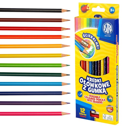 Stierateľné ceruzkové pastelky s gumou pre deti 12 farieb 3+ Astra