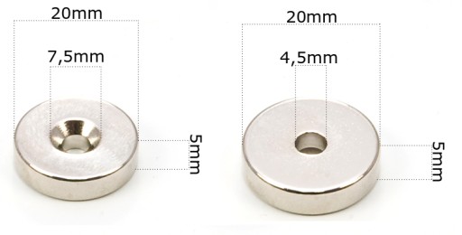 SILNÝ NEODYMOVÝ MAGNET 20x5 mm S OTVOROM 7,5/4,5 mm NA SKRUTKU