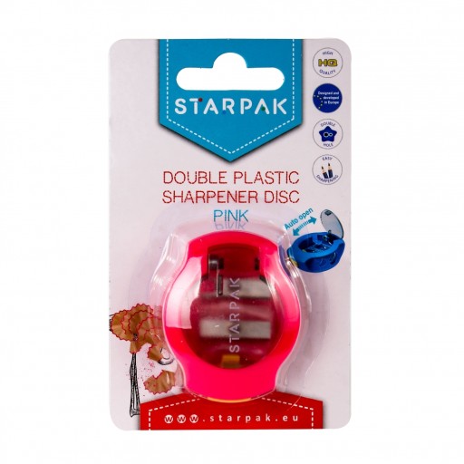RUŽOVÉ plastové strúhadlo. DOUBLE s nádobou STARPAK, školské orezávače
