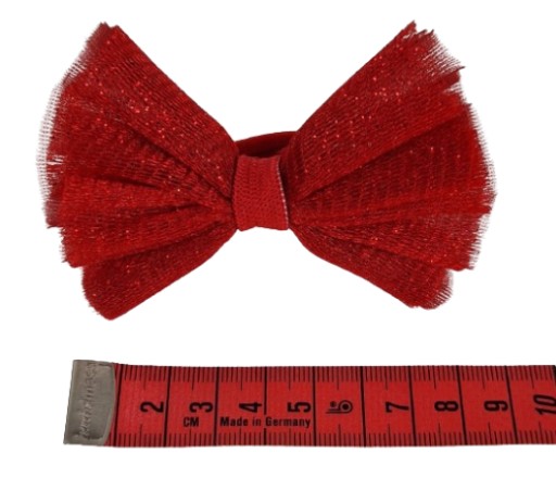 Červená gumička do vlasov s mašľou s lesklým/glitrovým tylom
