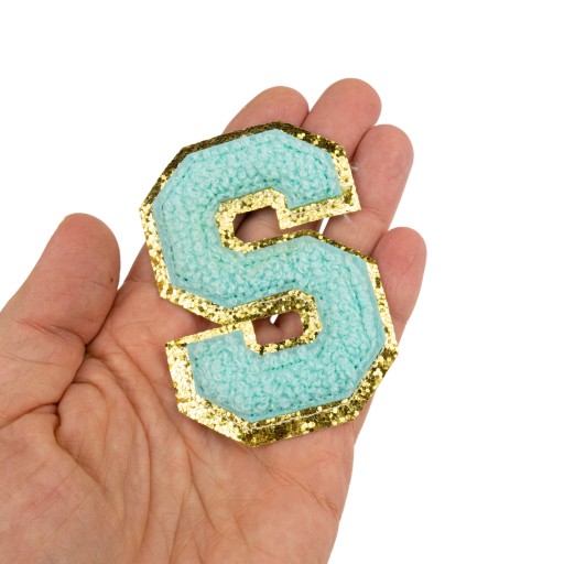 PATCH LETTER S, veľké písmo, azúrová, trblietavá aplikácia