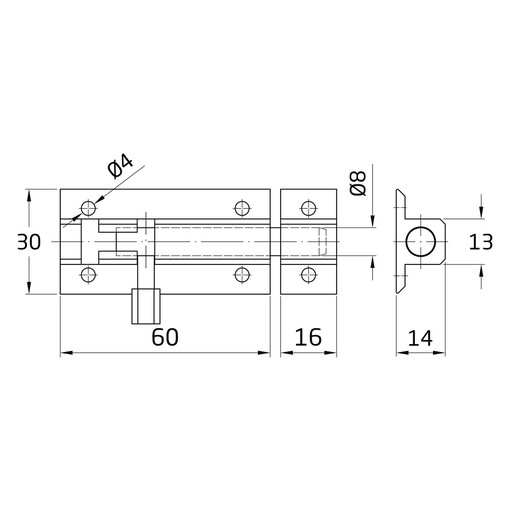 Západka Hliníková západka Biela 60x30mm, predĺženie 16mm