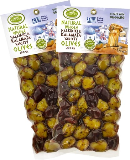 KORVEL Olivy (Kalamata-Halkidiki s oreganom), sada dvoch balení, 500g